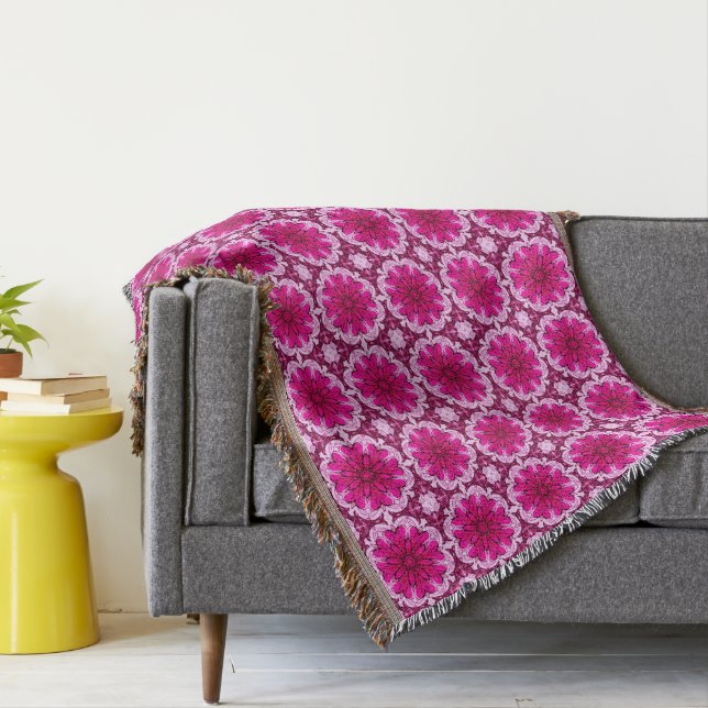 Geometric Flower Pattern in Burgundy Magenta Throw Blanket