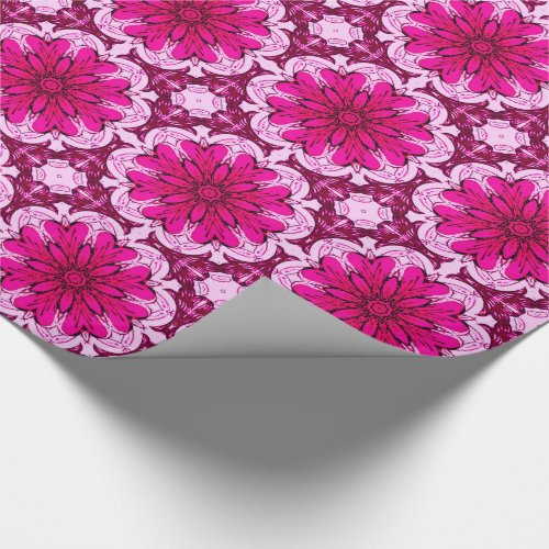 Geometric Flower Pattern in Burgundy  Magenta  Wrapping Paper