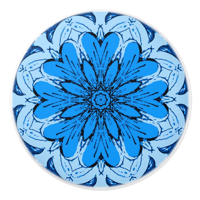 Geometric Flower Pattern in Cerulean & Light Blue Ceramic Knob (Front)