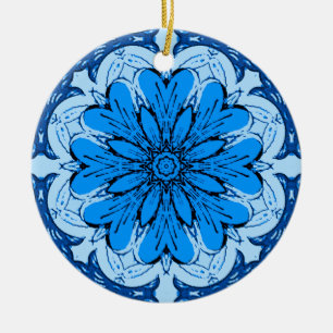 Geometric Flower Pattern in Cerulean & Light Blue Ceramic Ornament