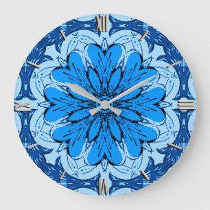Geometric Flower Pattern in Cerulean & Light Blue Large Clock