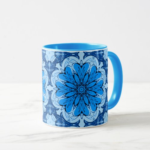 Geometric Flower Pattern in Cerulean  Light Blue Mug