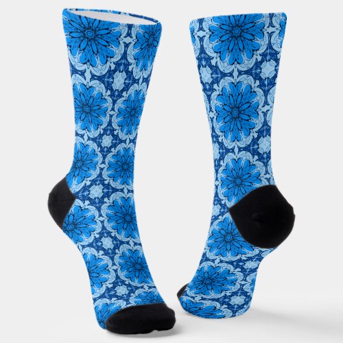 Geometric Flower Pattern in Cerulean  Light Blue Socks