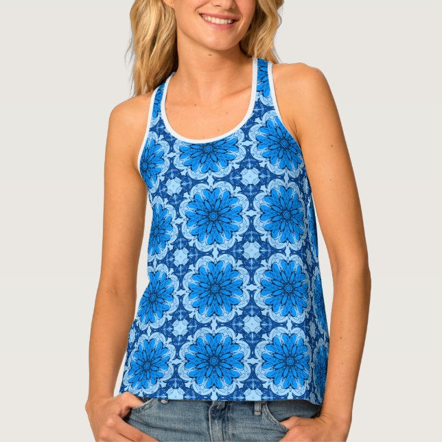 Geometric Flower Pattern in Cerulean & Light Blue Tank Top (Front)