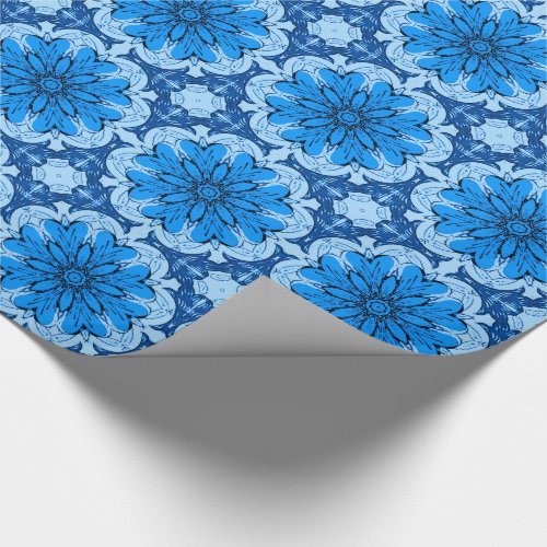 Geometric Flower Pattern in Cerulean  Light Blue Wrapping Paper