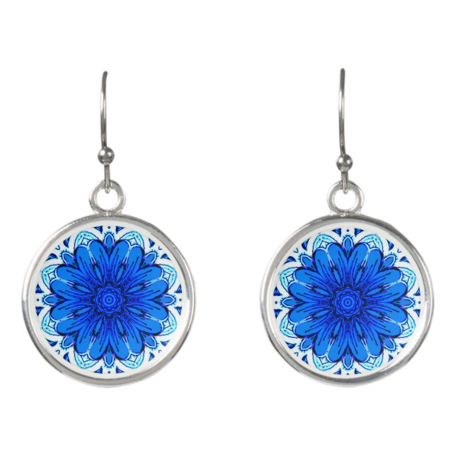Geometric Flower Pattern in Cobalt Blue and Navy   Earrings (Front)