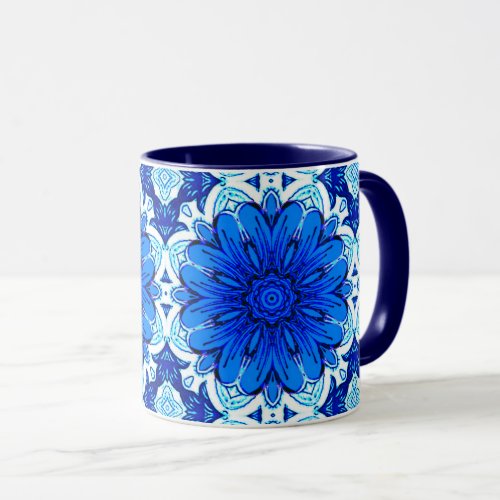 Geometric Flower Pattern in Cobalt Blue and Navy   Mug