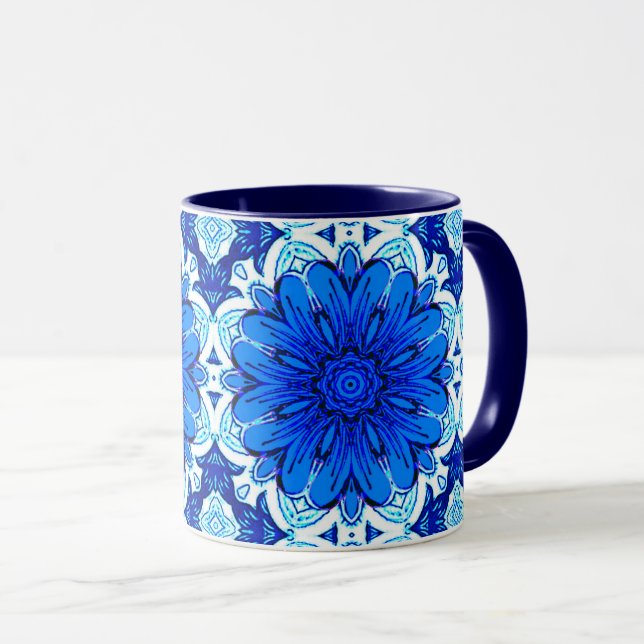 Geometric Flower Pattern in Cobalt Blue and Navy   Mug (Front Right)