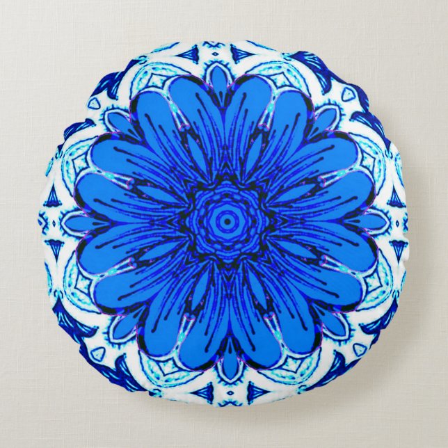 Geometric Flower Pattern in Cobalt Blue and Navy   Round Pillow (Front)