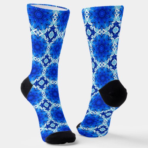 Geometric Flower Pattern in Cobalt Blue and Navy   Socks