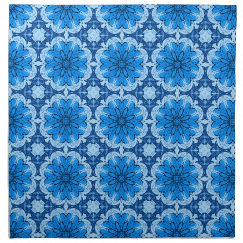 Geometric Flower Pattern in Shades of Denim Blue Cloth Napkin