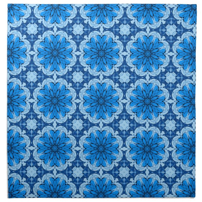 Geometric Flower Pattern in Shades of Denim Blue Cloth Napkin (Front)