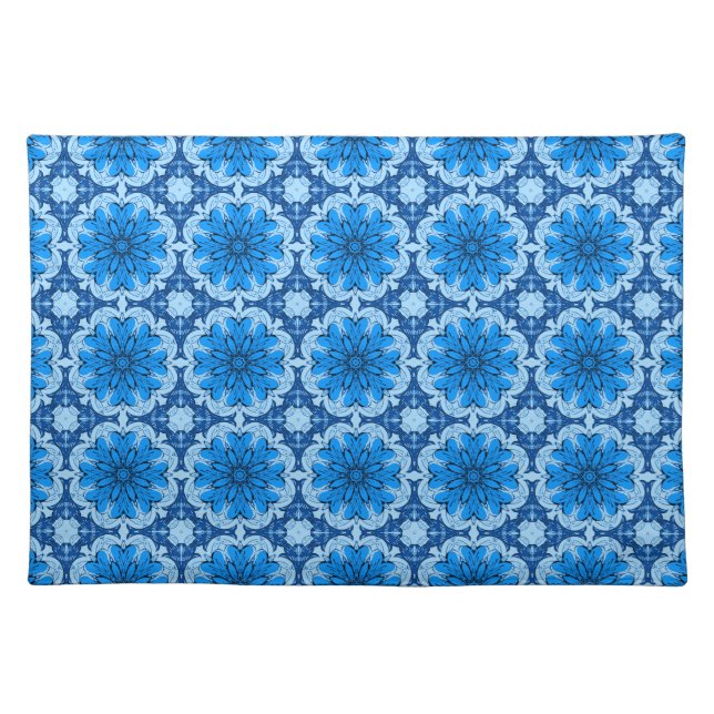 Geometric Flower Pattern in Shades of Denim Blue Cloth Placemat (Front)