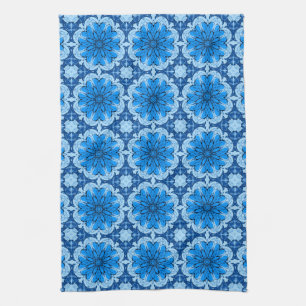 Geometric Flower Pattern in Shades of Denim Blue Kitchen Towel