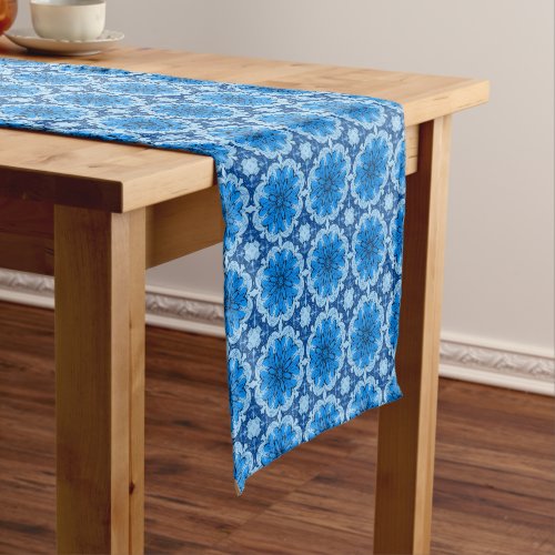 Geometric Flower Pattern in Shades of Denim Blue Short Table Runner