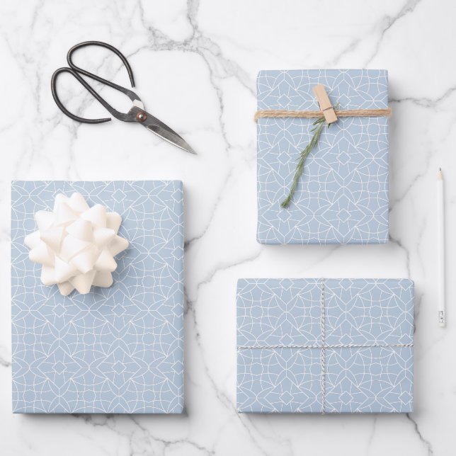 Geometric Flower Traditional Pattern Blue & White Wrapping Paper Sheets (Front)