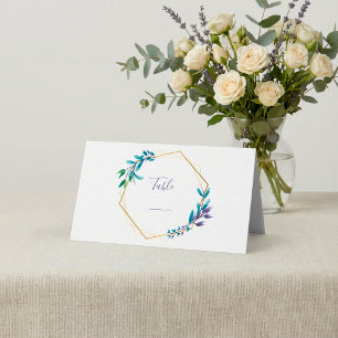 Geometric flower wreath. Green script table number Place Card