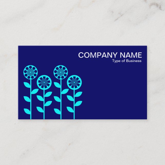 Geometric Flowers - Cyan on Deep Navy Business Card (Front)