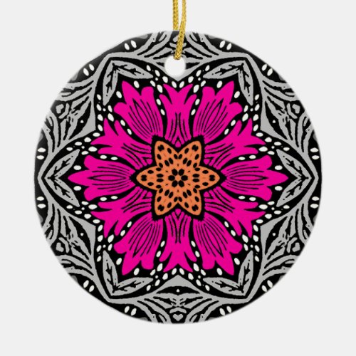 Geometric Flowers _ Fuchsia Pink and Gray Ceramic Ornament