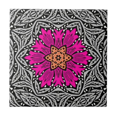 Geometric Flowers _ Fuchsia Pink and Gray   Ceramic Tile