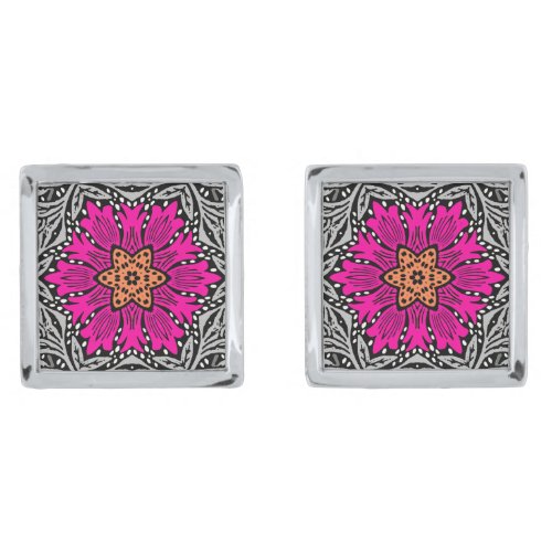 Geometric Flowers _ Fuchsia Pink and Gray Cufflinks