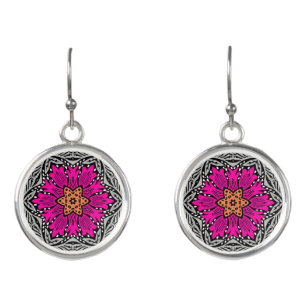 Geometric Flowers - Fuchsia Pink and Gray Earrings