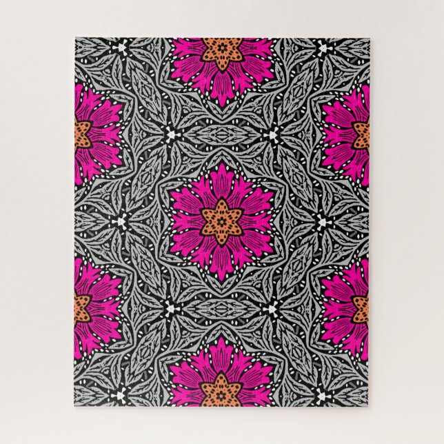 Geometric Flowers - Fuchsia Pink and Gray   Jigsaw Puzzle (Vertical)