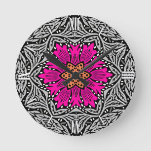 Geometric Flowers - Fuchsia Pink and Gray Round Clock
