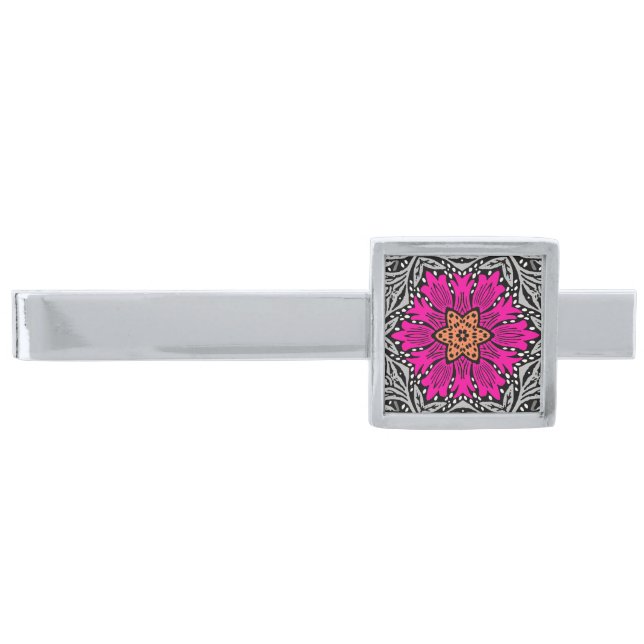 Geometric Flowers - Fuchsia Pink and Gray Silver Finish Tie Bar (Front)