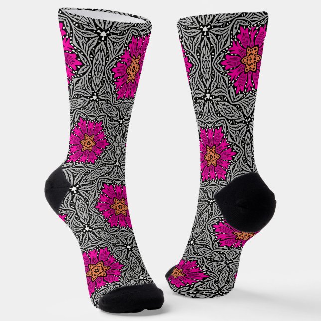 Geometric Flowers - Fuchsia Pink and Gray   Socks (Angled)