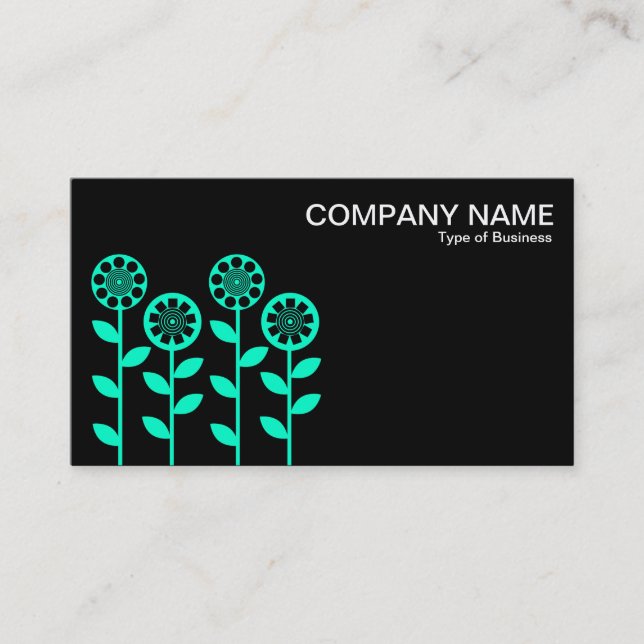 Geometric Flowers - Turquoise on Black Business Card (Front)