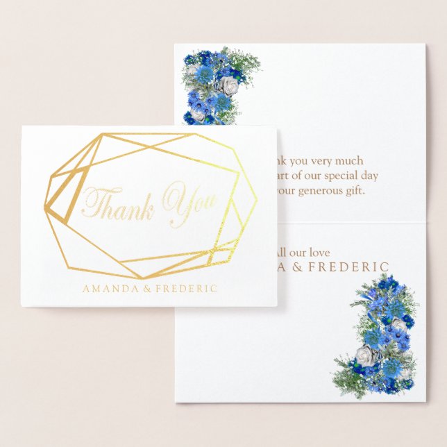 Geometric Foil  Blue Flower THANK YOU Wedding Card (Display)