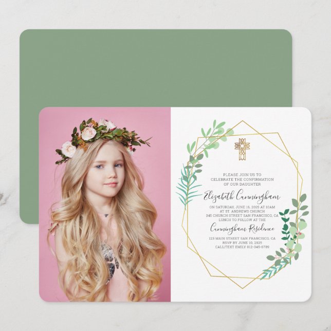 Geometric Foliage Cross Confirmation Invitation (Front/Back)