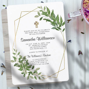 Geometric Foliage Cross First Communion Invitation