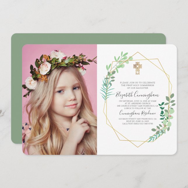 Geometric Foliage Cross Photo Communion Invitation (Front/Back)