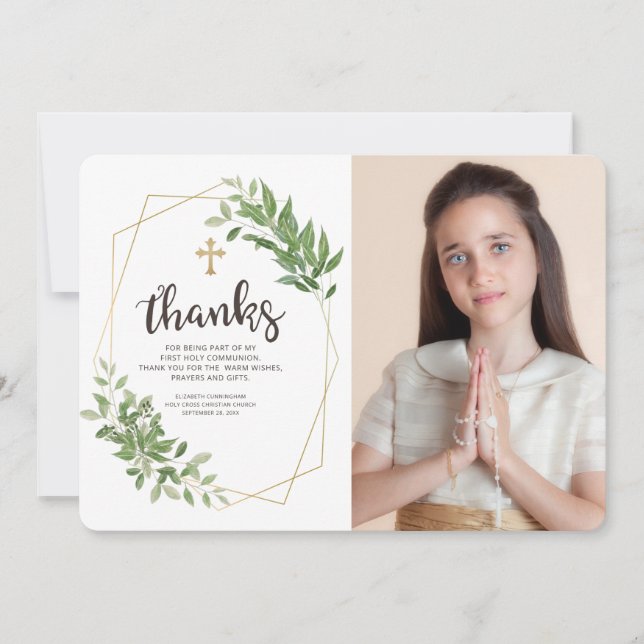 Geometric Foliage Cross Photo Communion Thank You (Front)