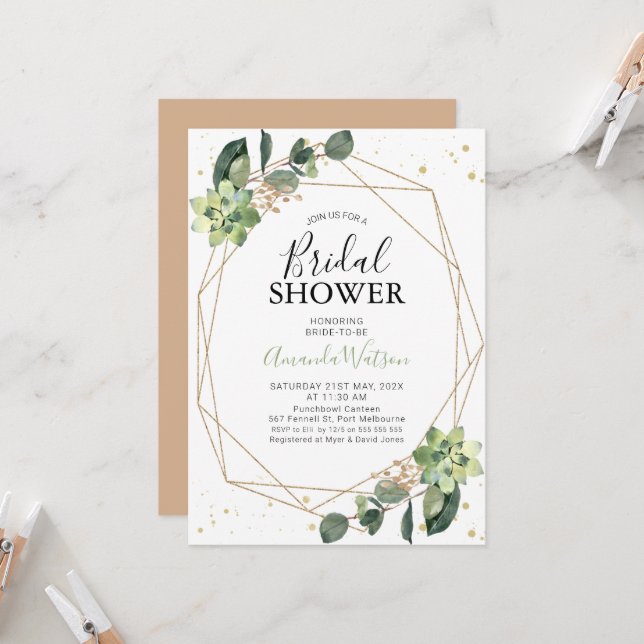 Geometric Foliage With Succulent Bridal Shower  Invitation (Front/Back In Situ)