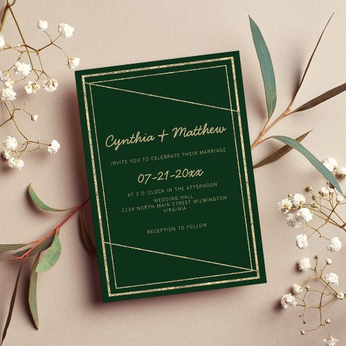 Geometric forest green gold glitter wedding  invitation