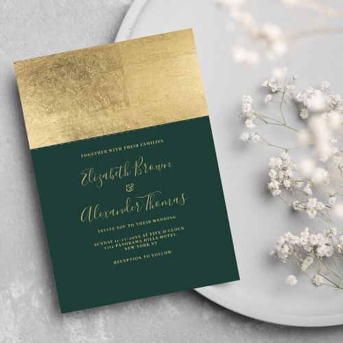 Geometric forest green gold luxury wedding invitation