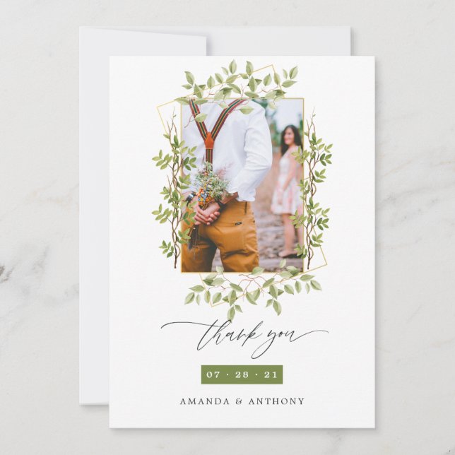 Geometric Forest Greenery Wedding Photo Thank You Card (Front)