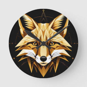 Geometric Fox Illustration With Golden Tones Round Clock