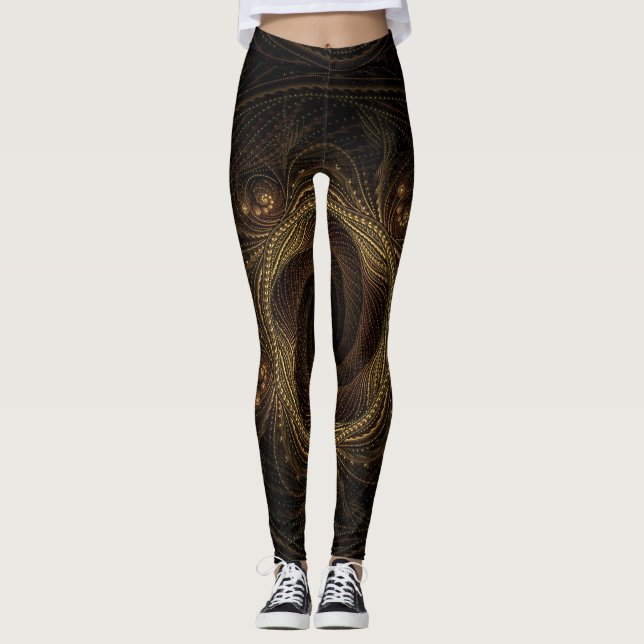Geometric Fractals Black Gold Brown Elegant Leggings (Front)