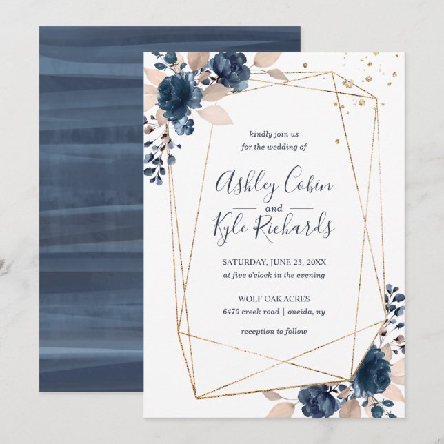 Geometric frame and flowers in navy, gold, blush invitation (Front/Back)