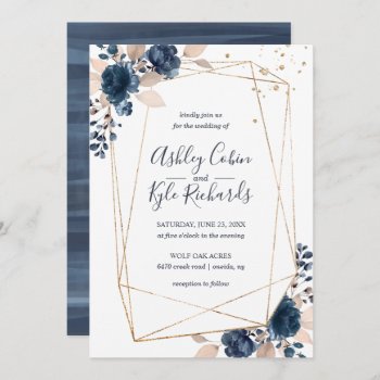 Geometric Frame And Flowers In Navy  Gold  Blush Invitation by LangDesignShop at Zazzle