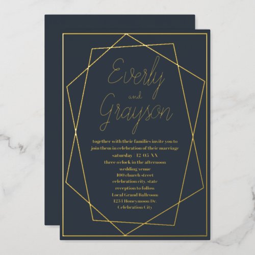 Geometric Frame Blue Opulence  Gold Wedding     Foil Invitation