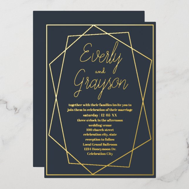 Geometric Frame Blue Opulence & Gold Wedding     Foil Invitation (Front/Back)