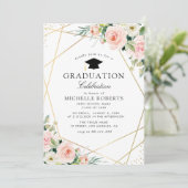 geometric frame blush pink floral graduation party invitation (Standing Front)