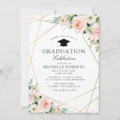 geometric frame blush pink floral graduation party invitation (Front)