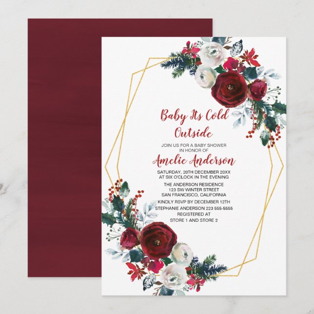 Geometric Frame Burgundy Flowers Baby Shower Invitation (Front/Back)
