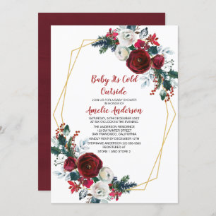 Geometric Frame Burgundy Flowers Baby Shower Invitation